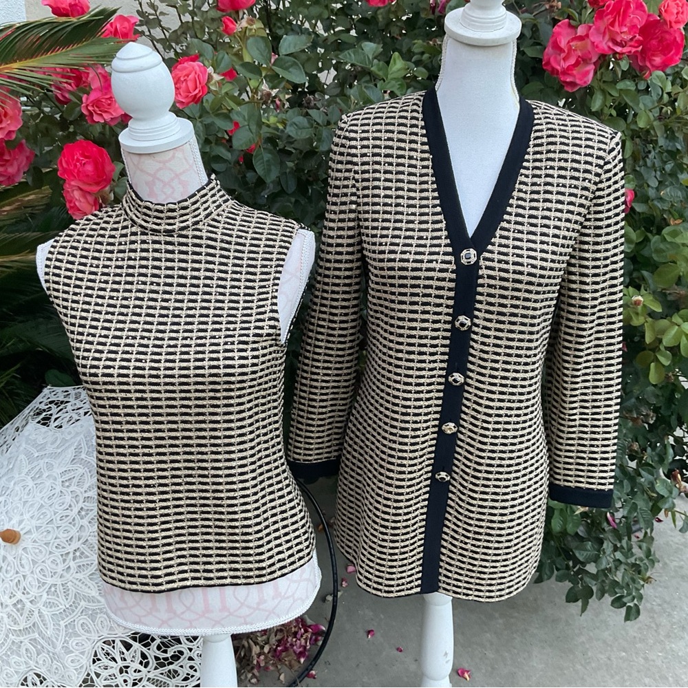 St John Evening Sz 4 Jacket Tank P Twinset dress Suit Gold sequin paillette set